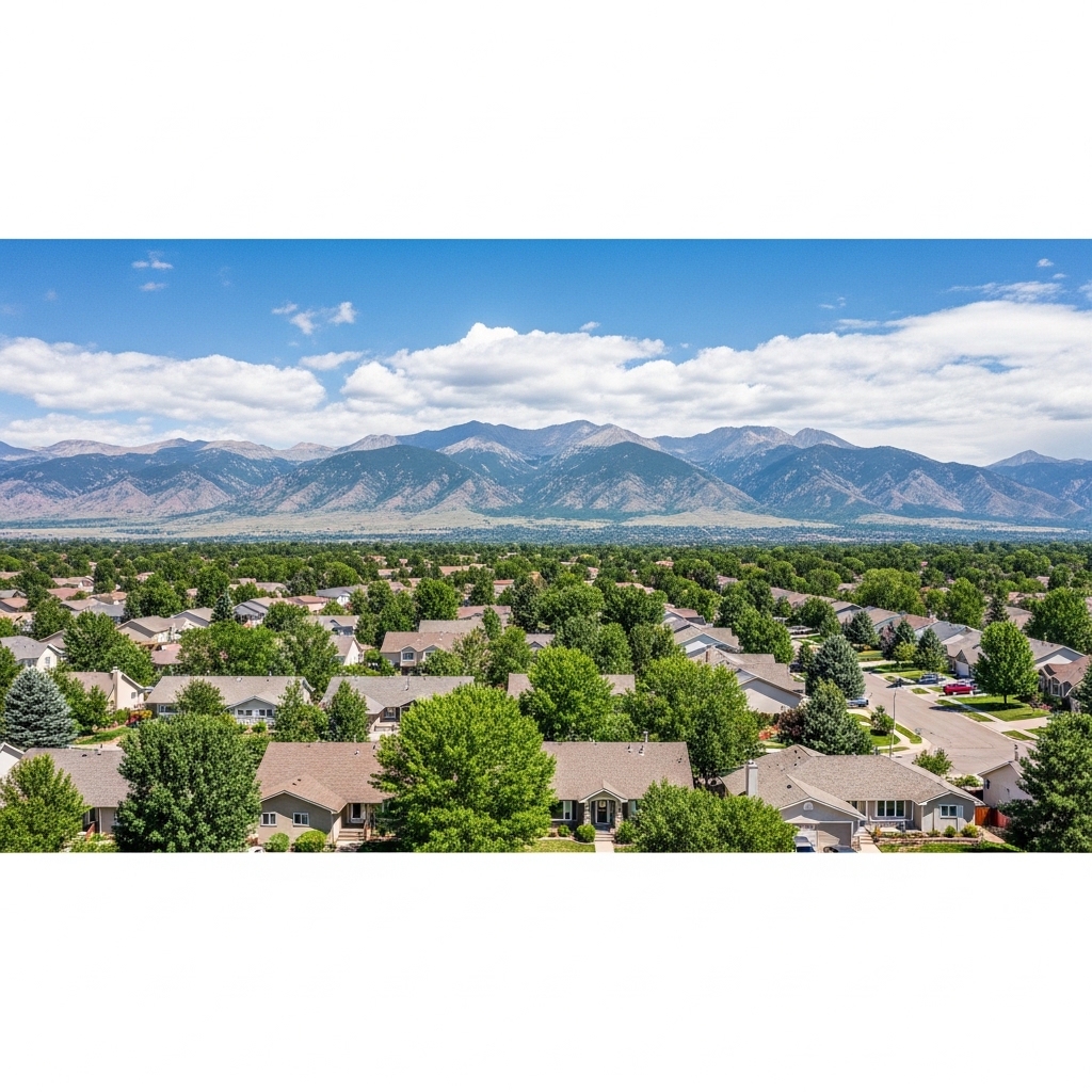 Denver metro area neighborhood with Rocky Mountain backdrop
