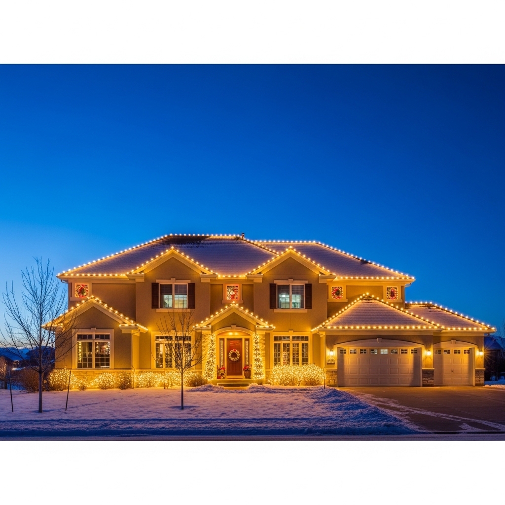 Holiday light installation at dusk