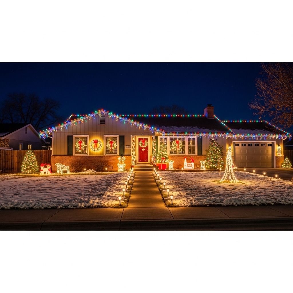 Festive colorful holiday light display on a Denver ranch home