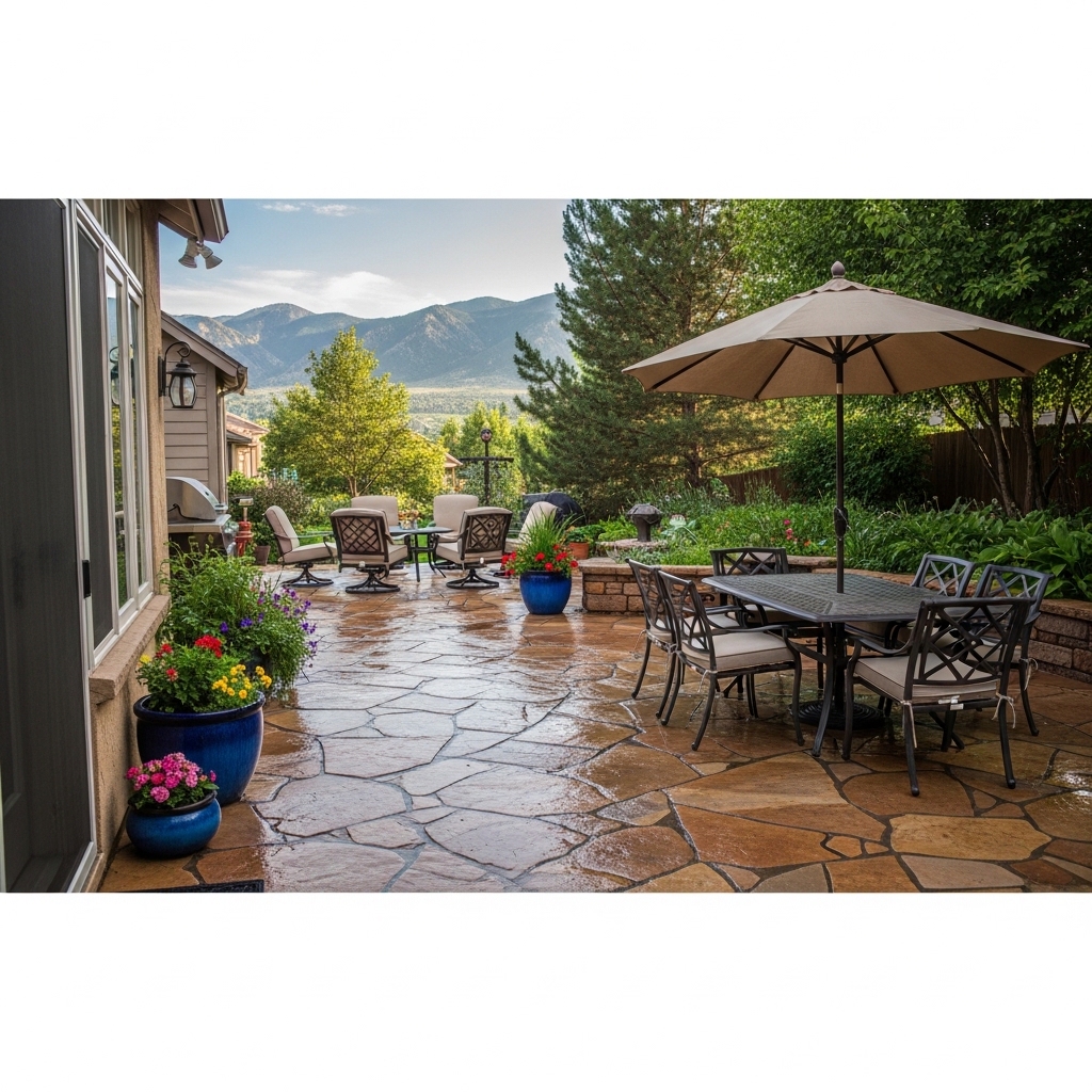 Pristine flagstone patio after professional pressure washing