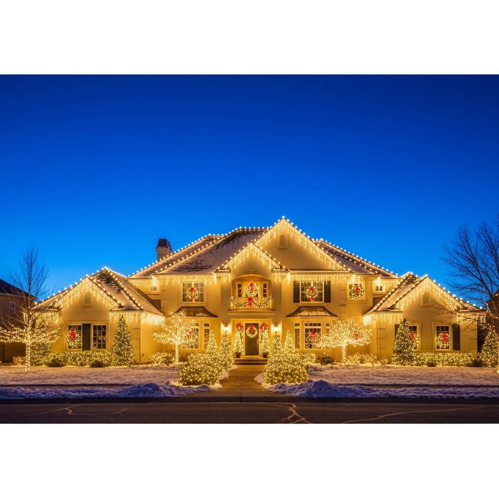 Professional holiday light installation on a Denver home at twilight