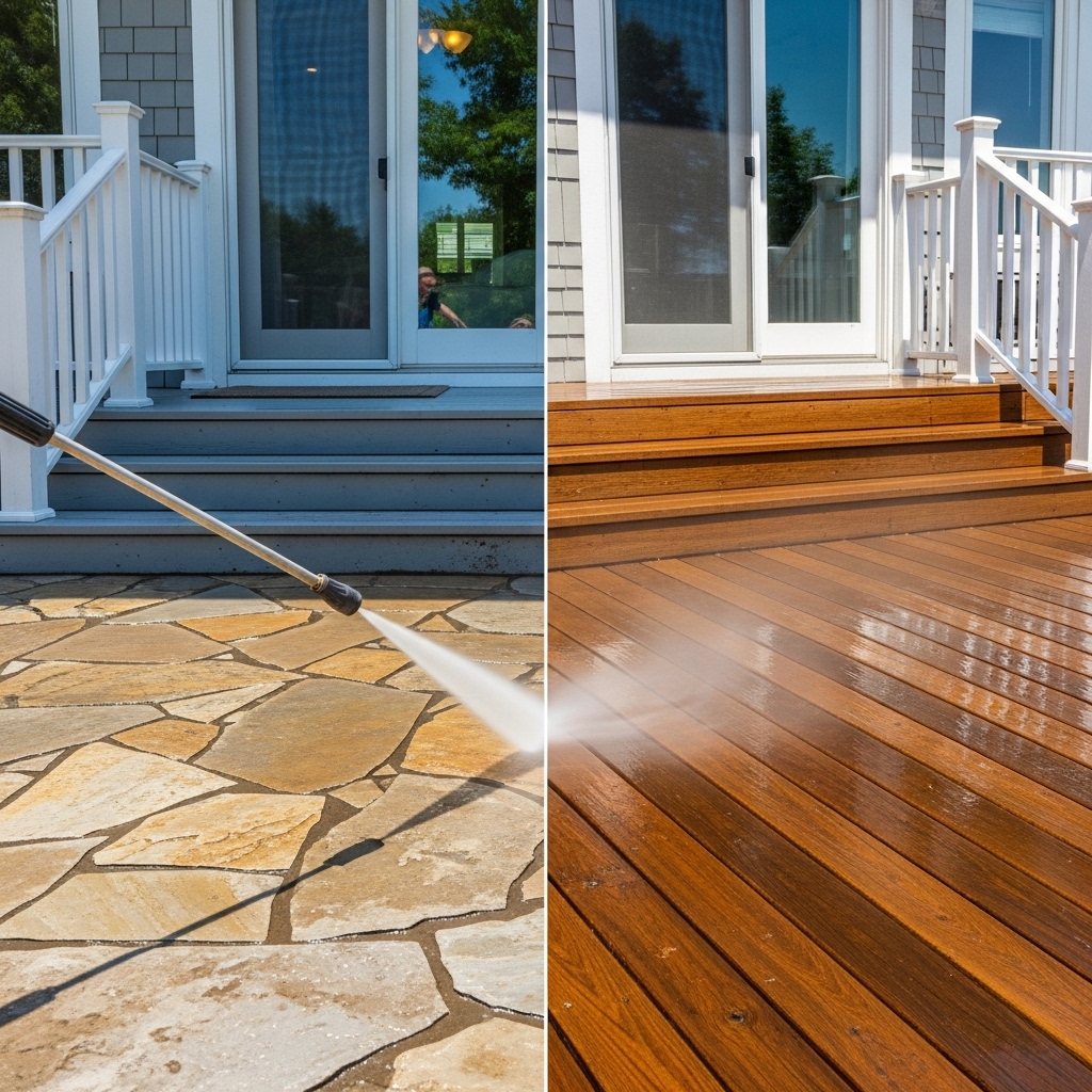 Pressure washing transformation on a residential patio